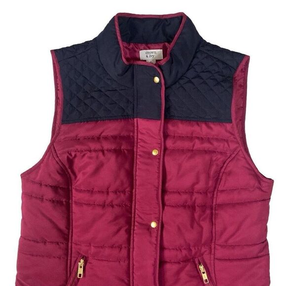 Crown & Ivy Puffer Vest Fuchsia Navy Zip Pockets Adjustable Straps Women Small - Picture 3 of 12